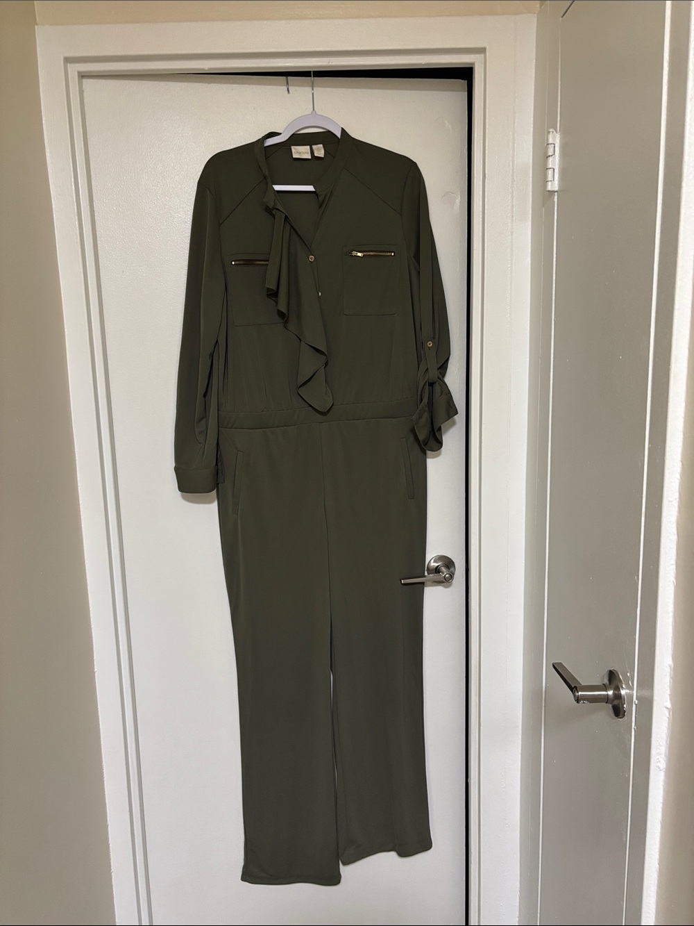 Chico's Olive Green Ruffle-front Neck Long-Sleeve Jumpsuit